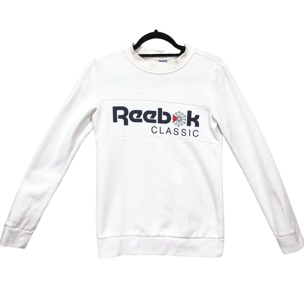 Reebok Womens Sz XXS Sweatshirt Classic Big Logo Crew Neck Gym Spellout Retro